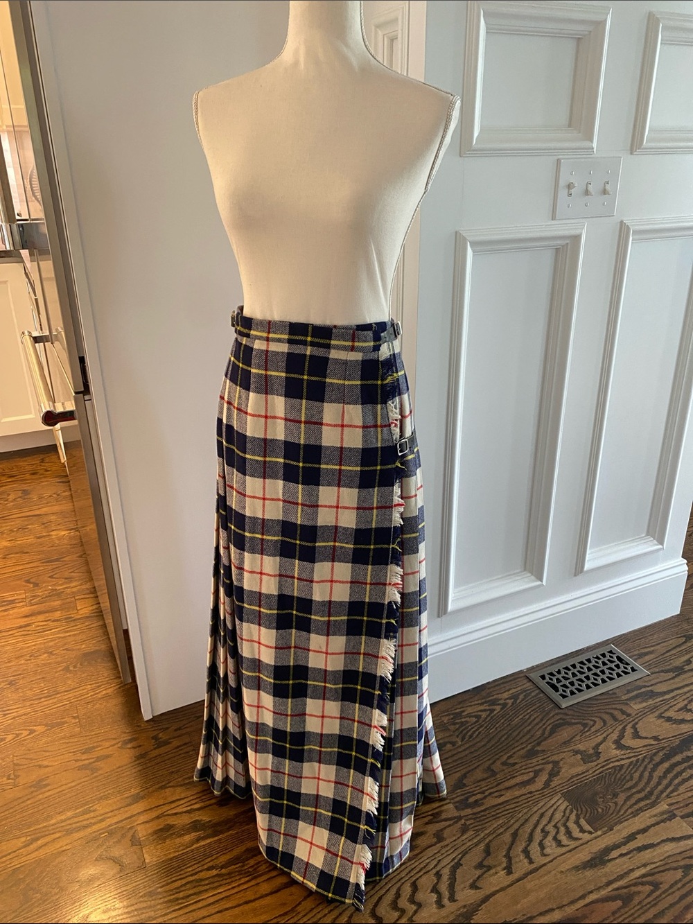 Vintage Plaid Maxi Wrap Skirt in Navy, Cream & Red